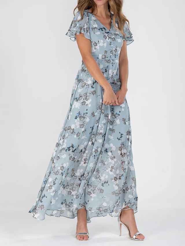 Robe courte à imprimé floral manches courtes Mode d'été Robes de plage à volants Vêtements pour femmes