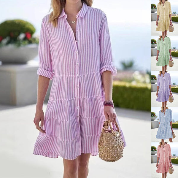Robe chemise rayée à manches longues pour femme avec revers et boutons, style décontracté