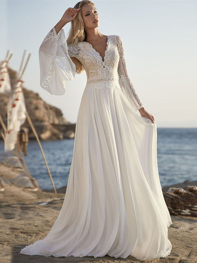 Robe de mariée pour femme Col en V Style champêtre Main Image