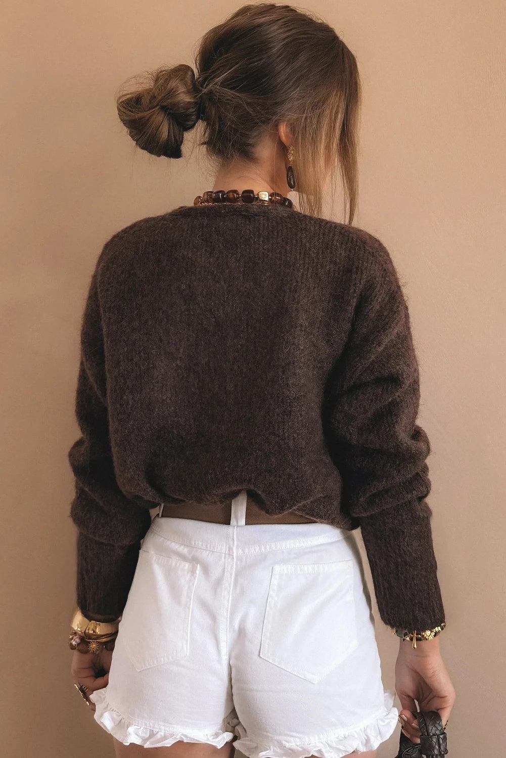Manteau cardigan en maille à boucles métalliques pour femme