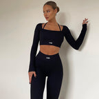 Ensemble deux pièces moulant tricoté de couleur unie avec lettres, haut court à manches longues et col rond, et leggings skinny taille haute