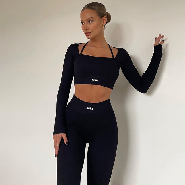 Ensemble deux pièces moulant tricoté de couleur unie avec lettres, haut court à manches longues et col rond, et leggings skinny taille haute Main Image