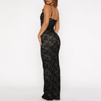 Robe longue en dentelle à patchwork, Robe fine à bretelles pour femme
