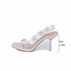 Nouvelles Sandales Pour Femmes Été Transparent PVC Strass Fleurs Escarpins Slingback Élégantes Bout Carré Femme Talons Hauts Sexy
