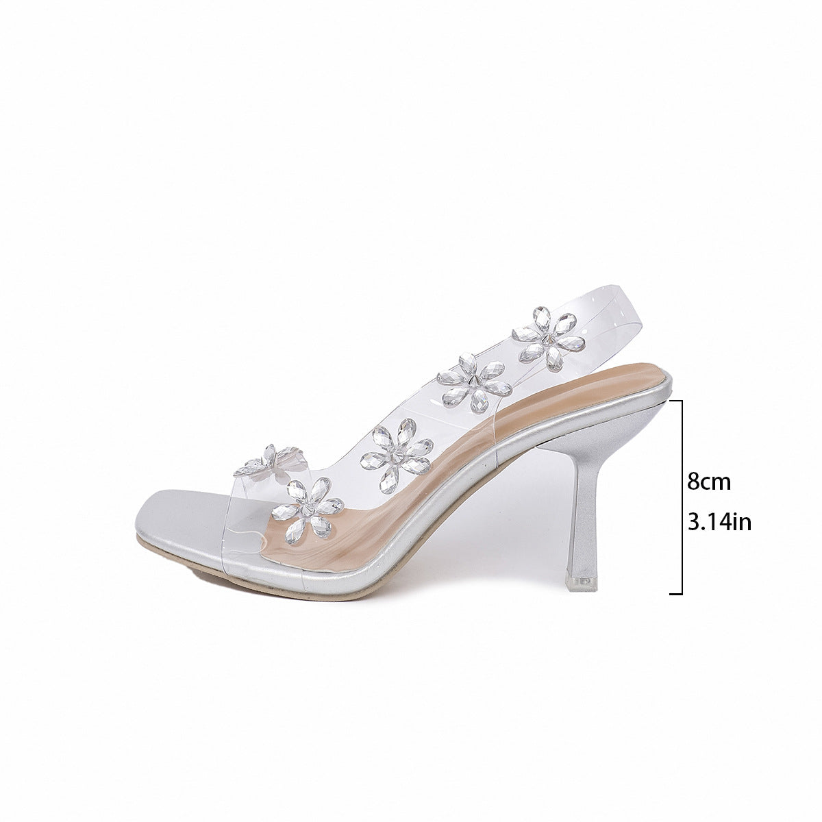 Nouvelles Sandales Pour Femmes Été Transparent PVC Strass Fleurs Escarpins Slingback Élégantes Bout Carré Femme Talons Hauts Sexy