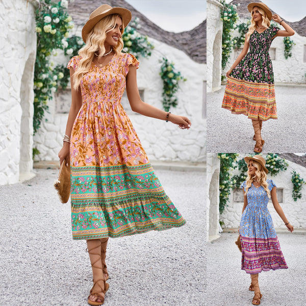 Nouvelle Robe Imprimé Floral Col V Été Décontractée Volants Sans Manches Robes Bohème Vacances Plage pour Vêtements Femme