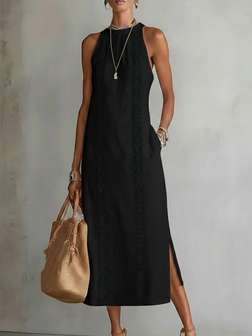 Robe d'été sans manches à col licou et patchwork de dentelle pour femme, style vacances