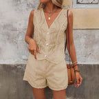 Ensemble short décontracté femme, gilet uni col V et boutonnage