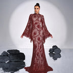 Robe de soirée sexy à manches longues et col rond en dentelle