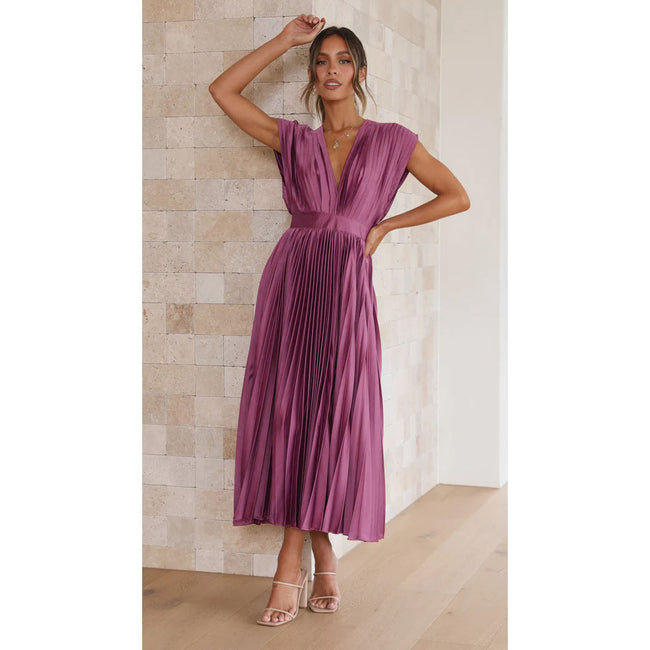 Robe d'été plissée à col en V, mode INS, décontractée, ample, sans manches, avec fermeture éclair, pour femme Main Image