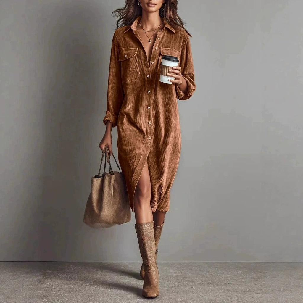 Robe Décontractée Chic à Col Rabattu et Boutons, Robe de Soirée Simple Unie pour Femmes Printemps Automne, Robe Longue à Manches pour Dames en Vacances