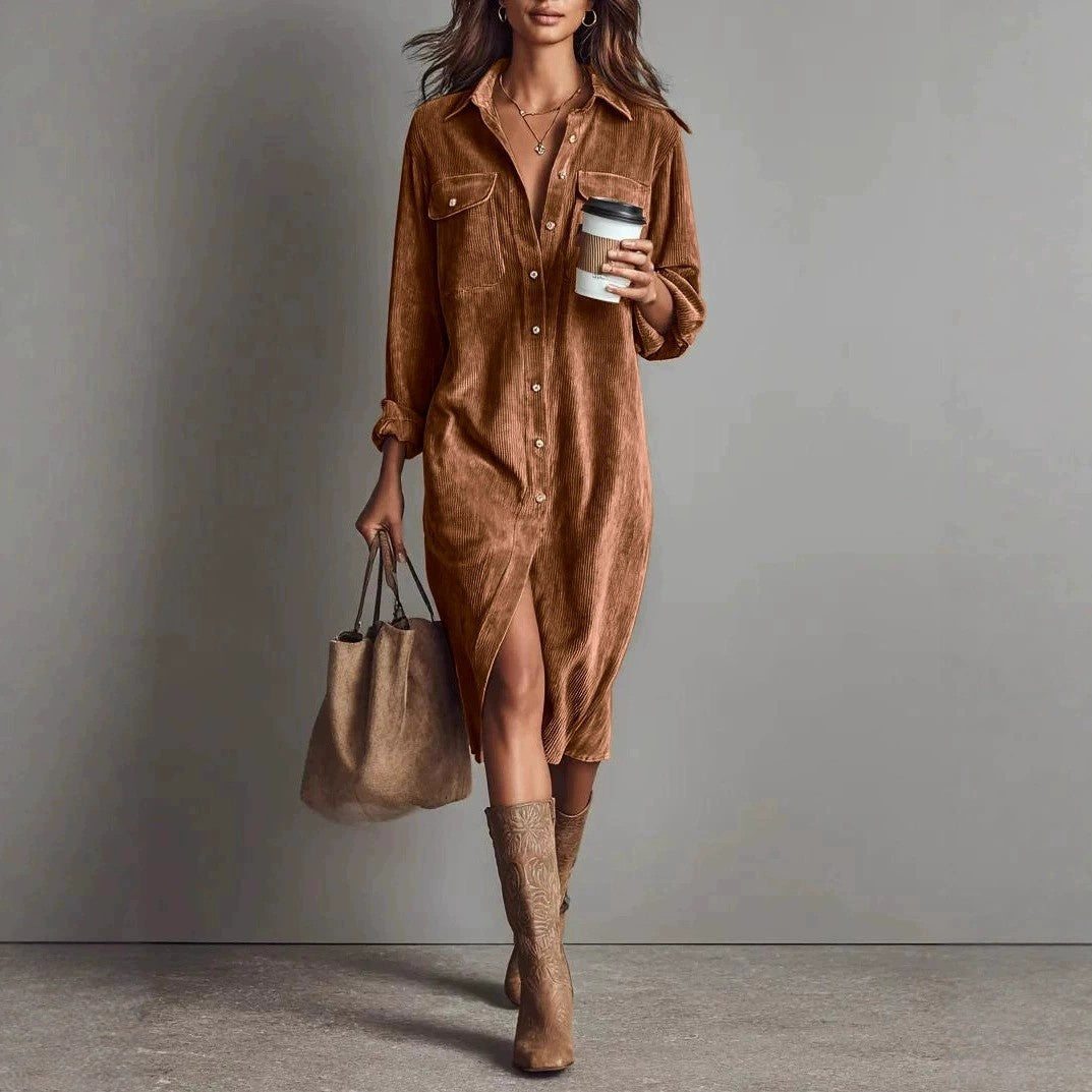 Robe Décontractée Chic à Col Rabattu et Boutons, Robe de Soirée Simple Unie pour Femmes Printemps Automne, Robe Longue à Manches pour Dames en Vacances