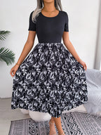 Femmes Robe midi plissée taille haute imprimé feuilles décontractée