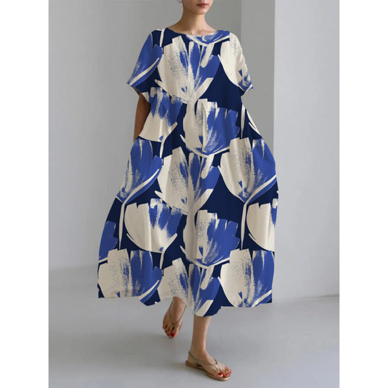 Robe Mode Courte Ample à Col Rond et Imprimé Fantaisie