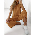 Ensemble deux pièces sans manches pour femme en coton et lin, chemise et pantalon large court