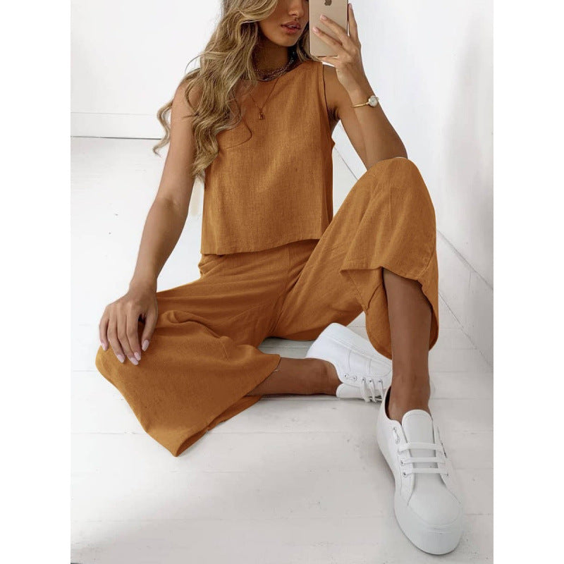 Ensemble deux pièces sans manches pour femme en coton et lin, chemise et pantalon large court