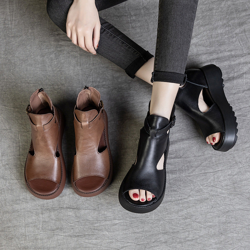 Été Nouveauté Rétro Sandales Vides Derrière Peep Toe En Cuir De Vachette Pour Femmes