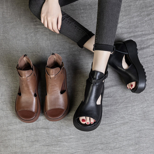 Été Nouveauté Rétro Sandales Vides Derrière Peep Toe En Cuir De Vachette Pour Femmes Hover Image