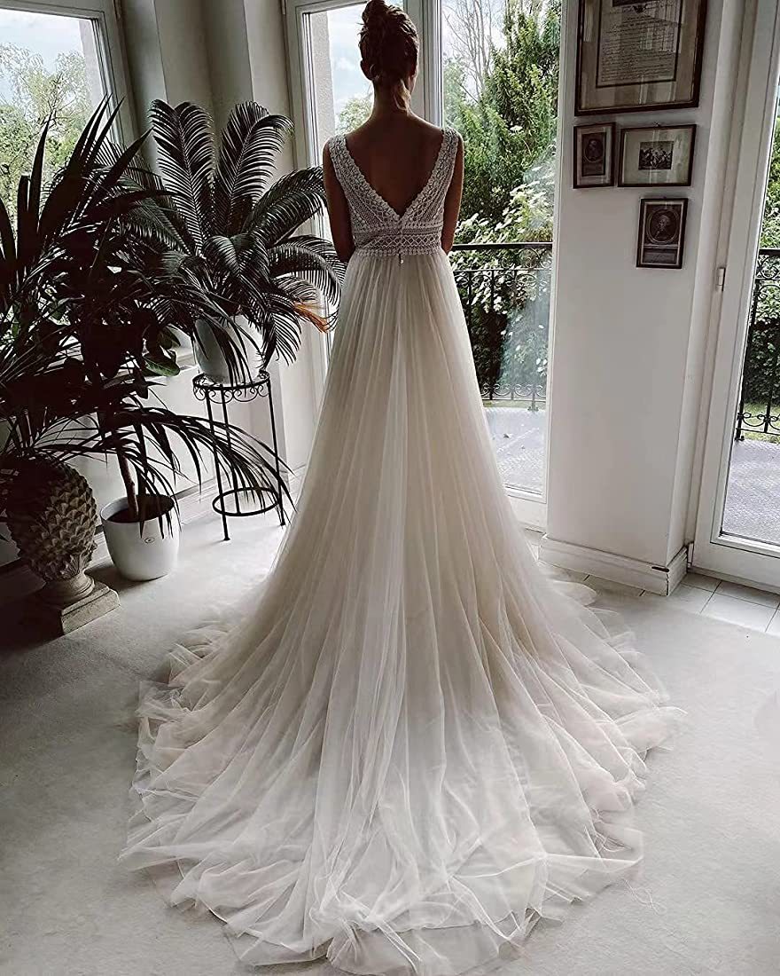 Robe de mariée en dentelle transparente, cintrée, en maille, pour la plage ou l'extérieur