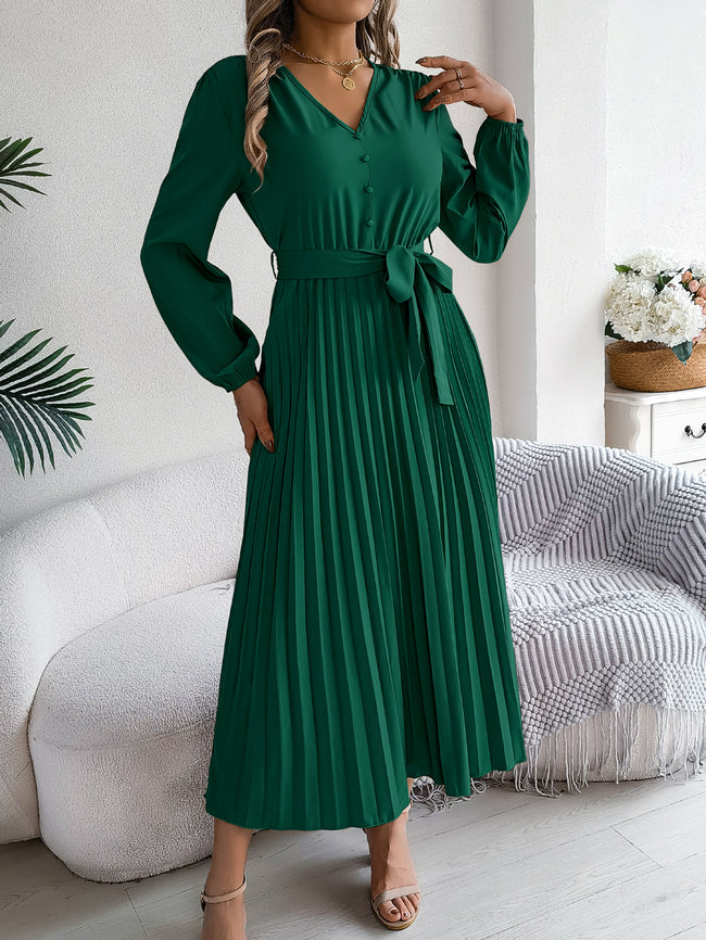 Robe longue élégante pour femme, décolleté en V, boutonnée, taille nouée, plissée évasée Main Image