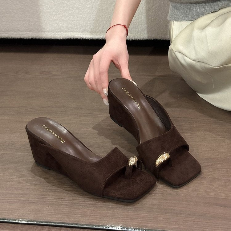 Elegant Premium Square Toe Metal Buckle Toe Loop Slide Sandals For Women, Minimalist Suede Designer Casual Mule Slippers