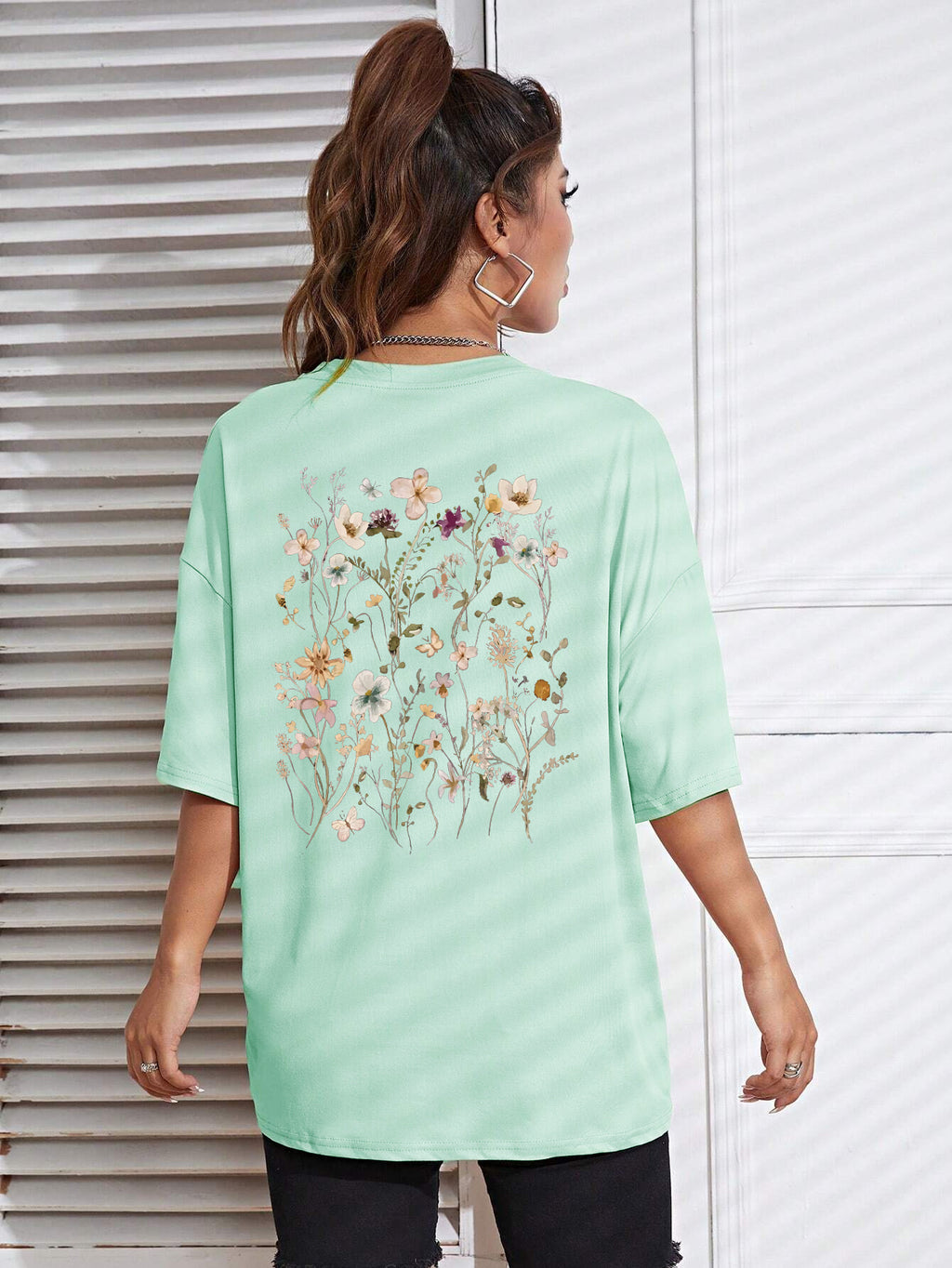 T-shirts décontractés en coton imprimés grappes de fleurs pour femmes