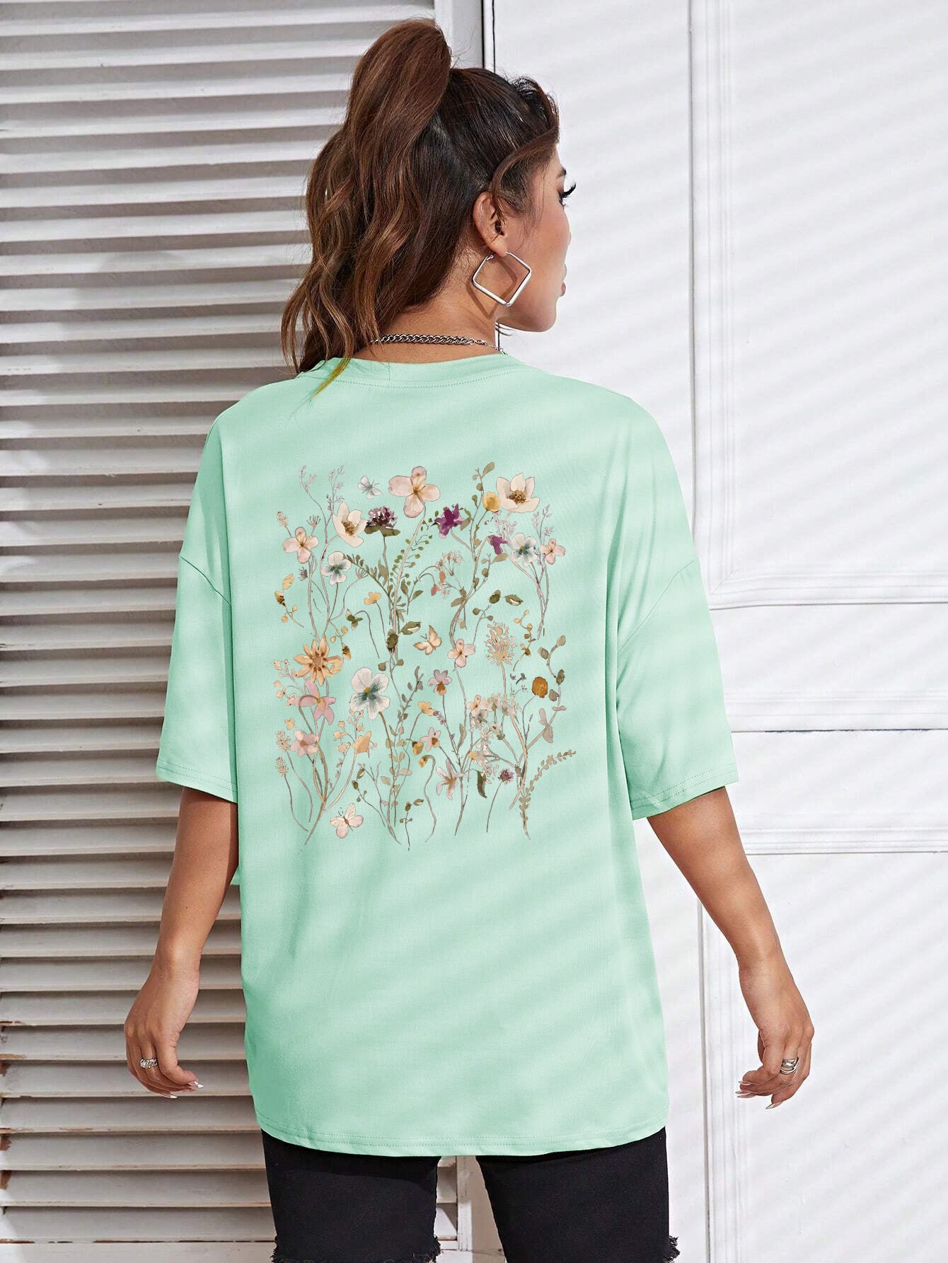 T-shirts décontractés en coton imprimés grappes de fleurs pour femmes