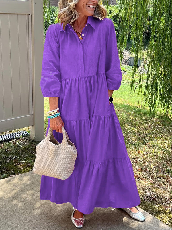 Robe ample décontractée à revers, manches mi-longues et grand tombé