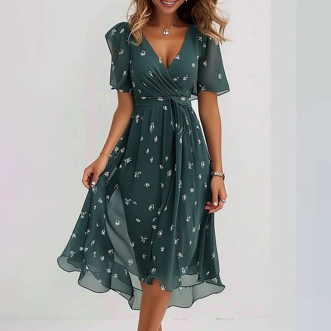 Robe d'été élégante en mousseline imprimée à manches courtes et col en V pour femmes Main Image