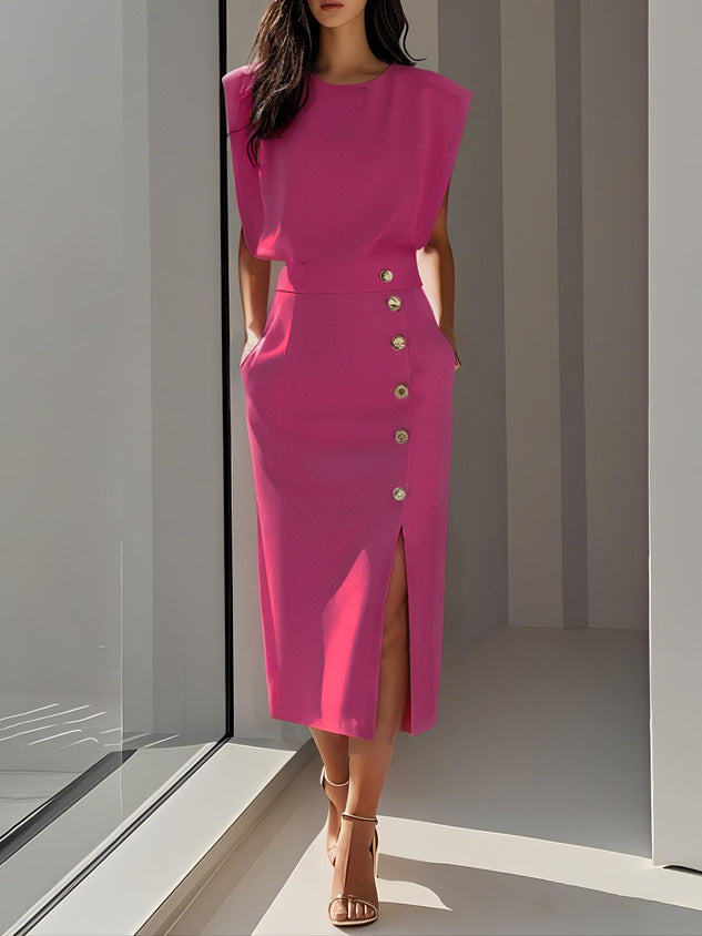 Robe midi décontractée sans manches fendue boutonnée d'été pour femme
