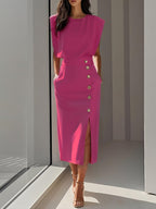 Robe midi décontractée sans manches fendue boutonnée d'été pour femme