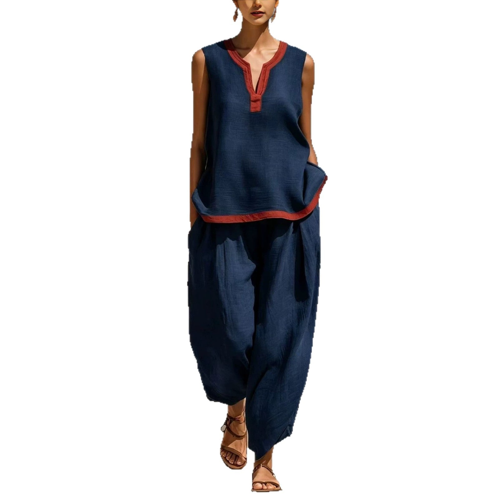 Ensemble Femme Chic en Coton-Lin Deux Pièces Pantalon Large et Haut Color-Block Contraste pour l'Été