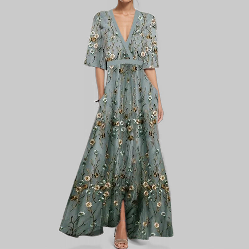 Fashion Print Half-sleeve V-neck Dress Temperament Slim Tight Waist Dresses For Women
