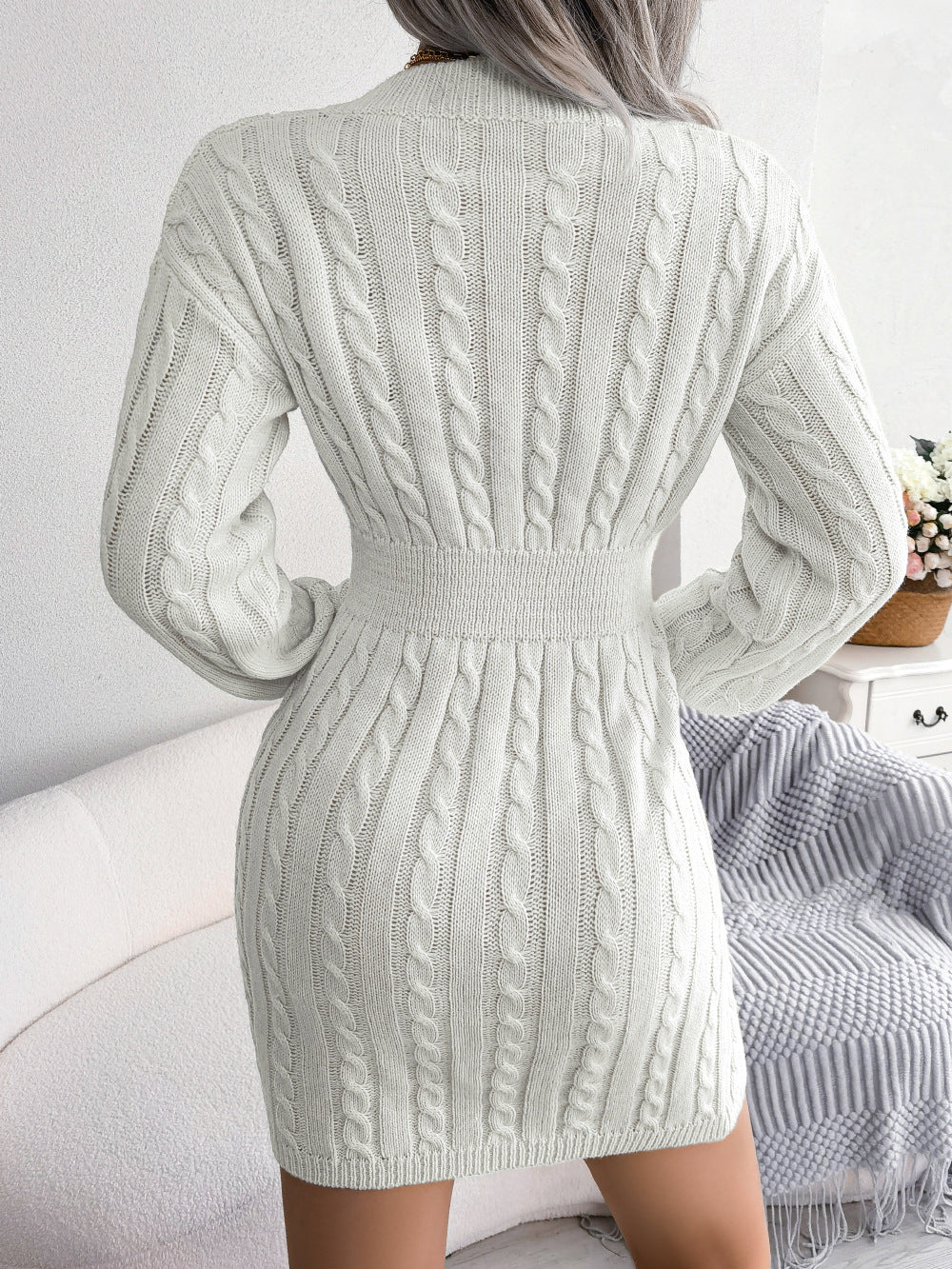 Robe en tricot à manches longues et col en V de couleur unie, style mode, cintrée, robe de hanche, vêtements pour femmes