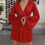 Robe de soirée élégante à col en V, taille amincissante et sequins