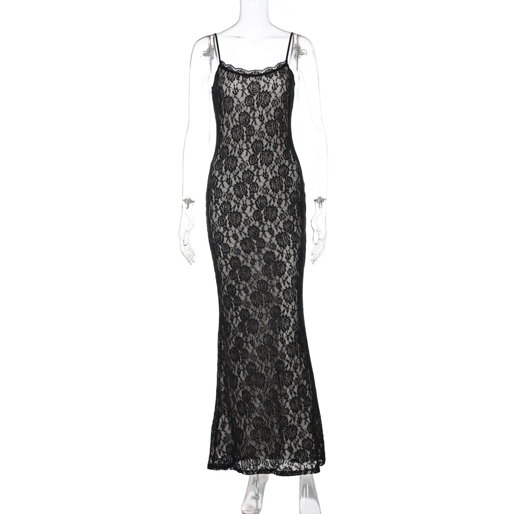 Robe longue en dentelle à patchwork, Robe fine à bretelles pour femme