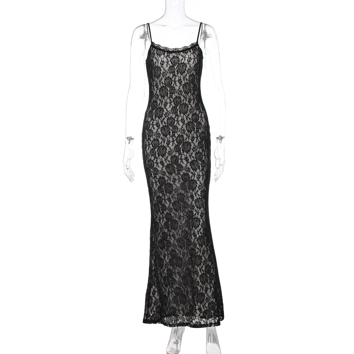 Robe longue en dentelle à patchwork, Robe fine à bretelles pour femme