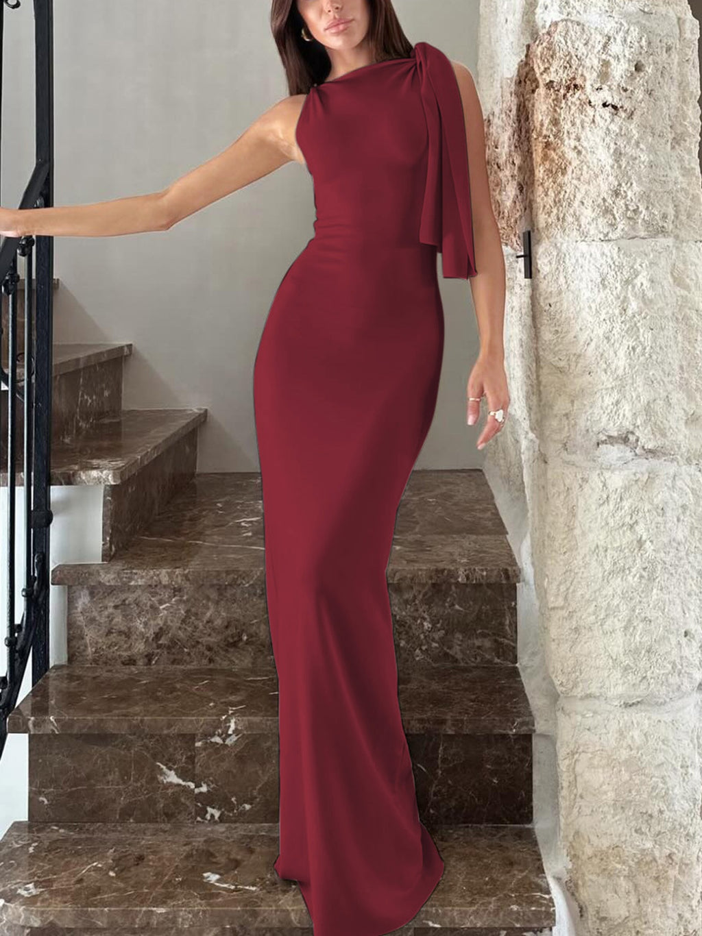 Robe longue à ruban asymétrique Ins, robe sans manches moulante pour soirée et club pour femmes