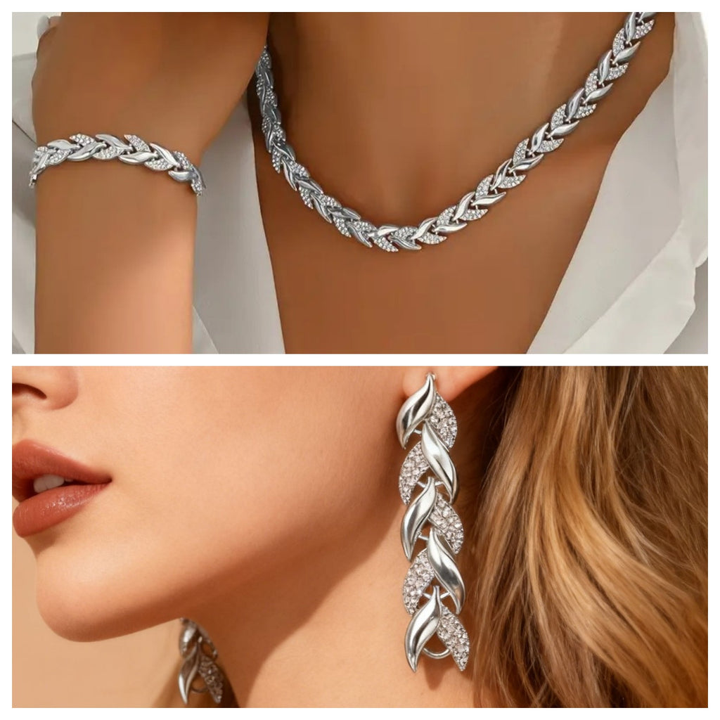 Parure Collier et Bracelet Femme avec Feuilles en Verre et Strass Élégants, Bijoux de Luxe à la Mode