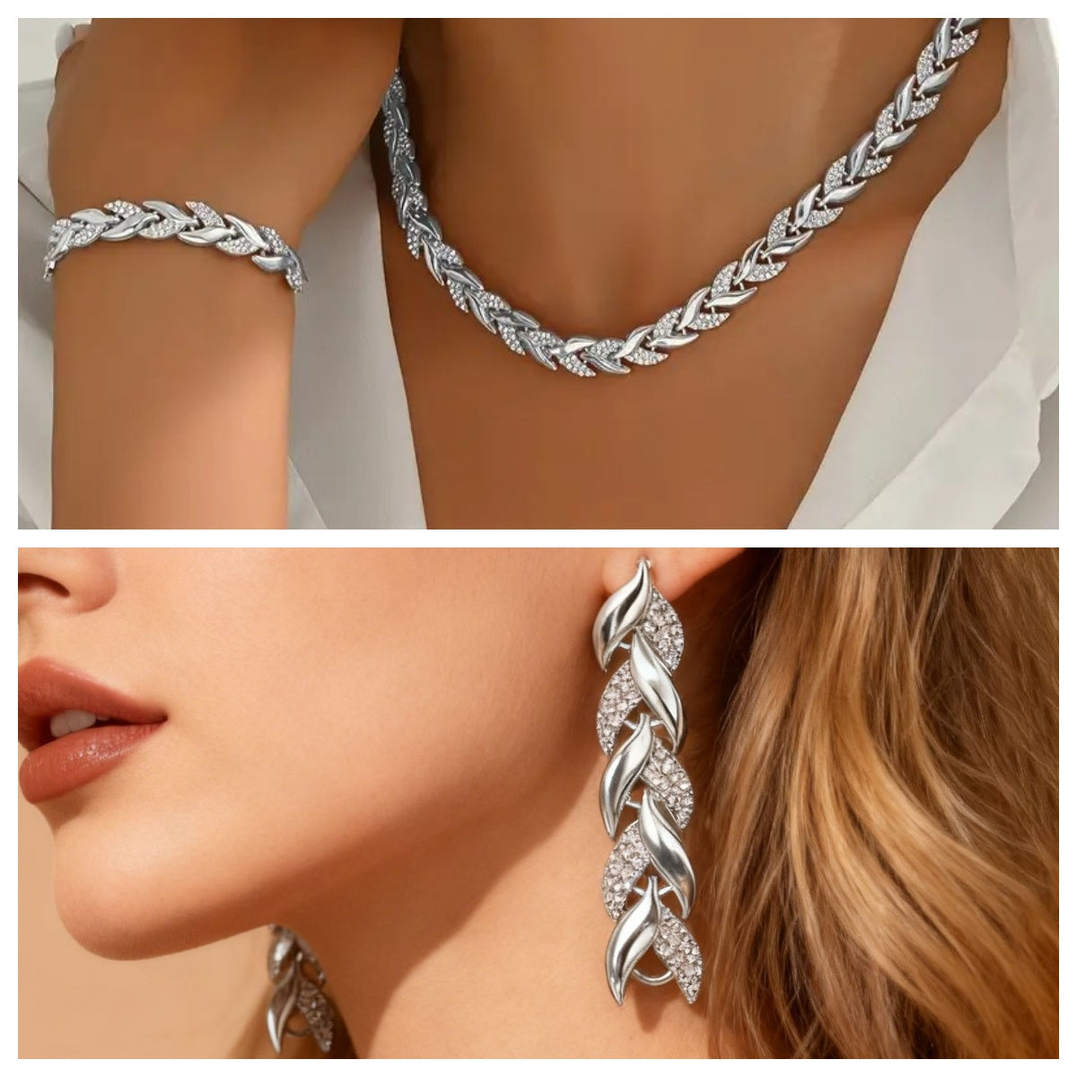 Parure Collier et Bracelet Femme avec Feuilles en Verre et Strass Élégants, Bijoux de Luxe à la Mode