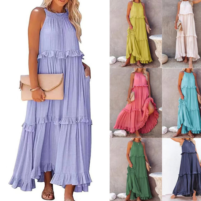 Robe longue d'été de style licou pour femmes, mode dos nu, lacets, volants amples, robe de plage élégante pour dames, Vestidos Hover Image