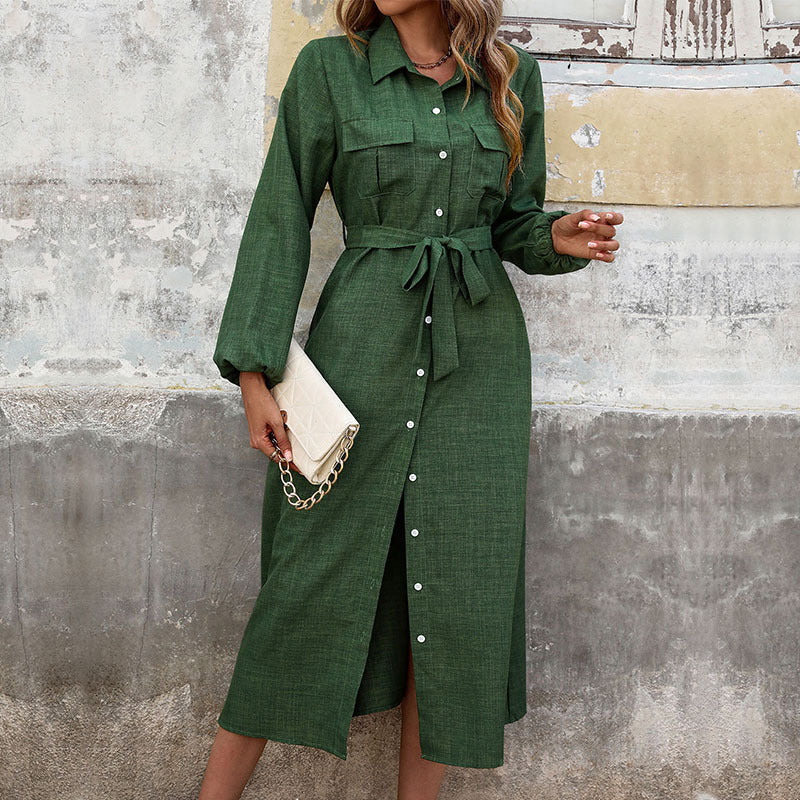 Nouvelle robe verte unie à manches longues et col rabattu pour femmes
