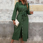 Nouvelle robe verte unie à manches longues et col rabattu pour femmes