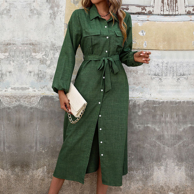 Nouvelle robe verte unie à manches longues et col rabattu pour femmes Main Image