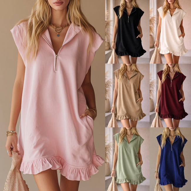 Robe sans manches à col en V - Robe d'été décontractée pour femmes avec deux poches avant et une fermeture éclair arrière pour un usage quotidien Hover Image
