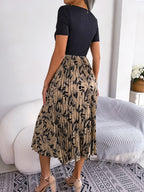 Femmes Robe midi plissée taille haute imprimé feuilles décontractée