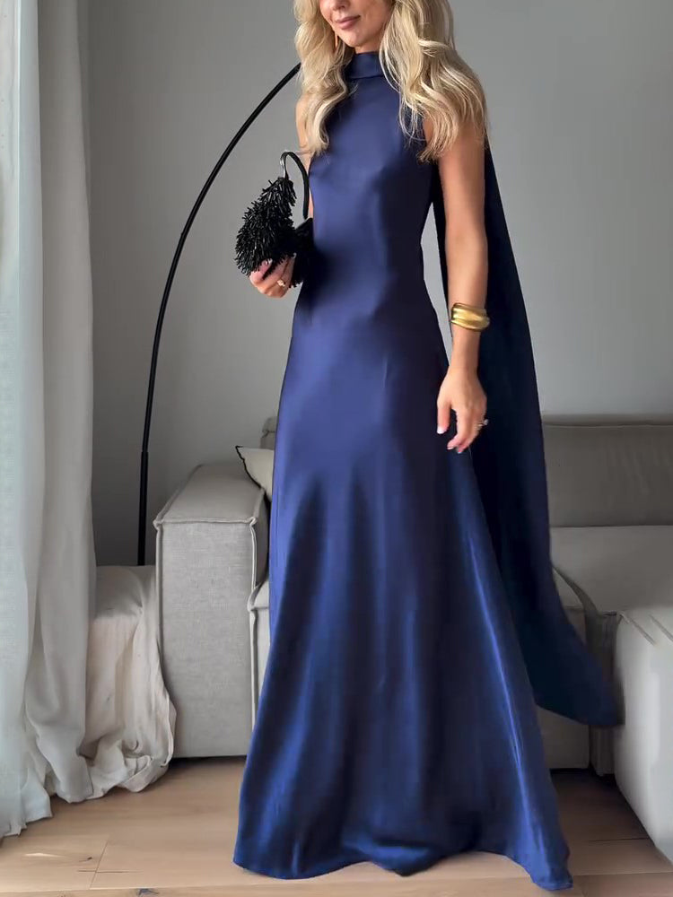 Robe longue sans manches en satin bleu roi