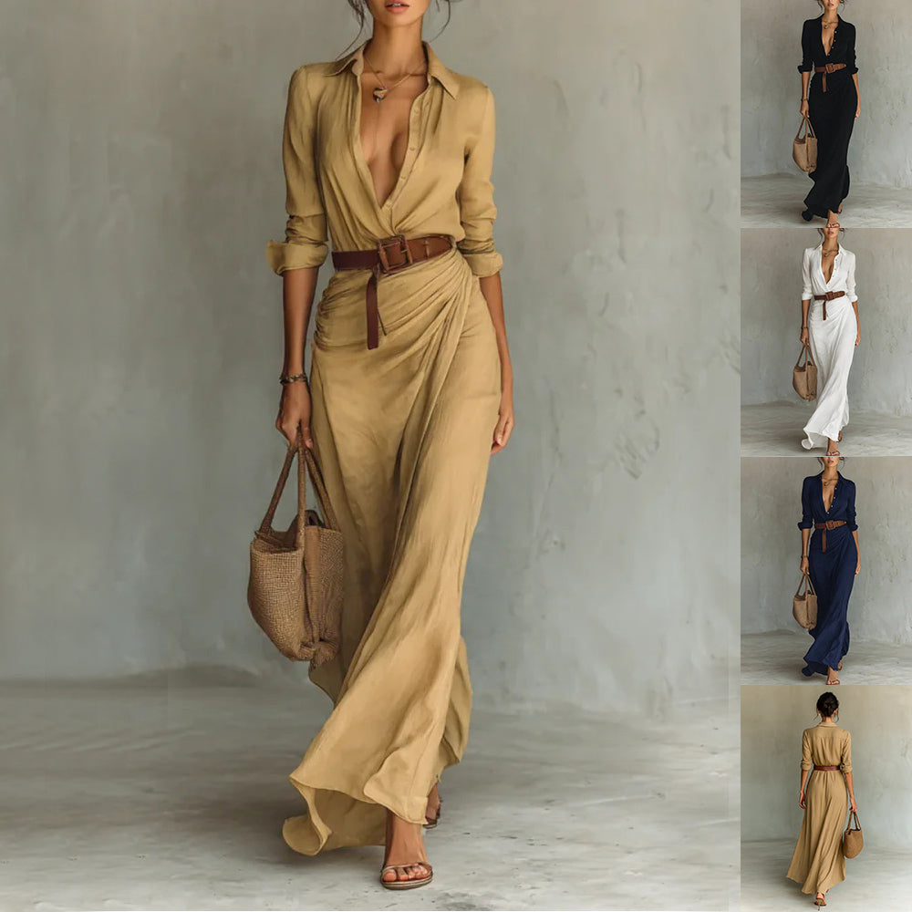 Robe longue irrégulière avec ceinture, chemise habillée à revers boutonnés, manches longues, mode et élégance, tenue décontractée pour le bureau ou les trajets quotidiens pour femmes