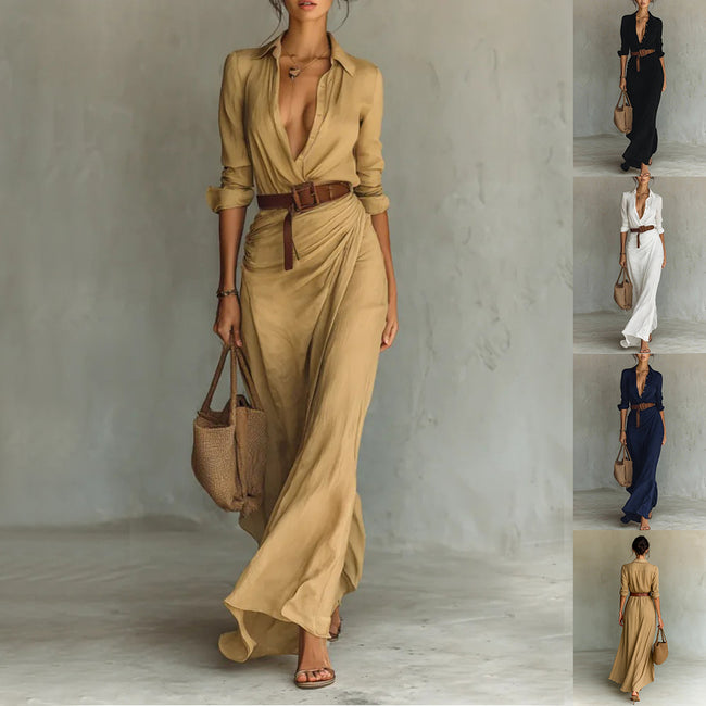 Robe longue irrégulière avec ceinture, chemise habillée à revers boutonnés, manches longues, mode et élégance, tenue décontractée pour le bureau ou les trajets quotidiens pour femmes Hover Image