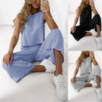 Ensemble deux pièces sans manches pour femme en coton et lin, chemise et pantalon large court